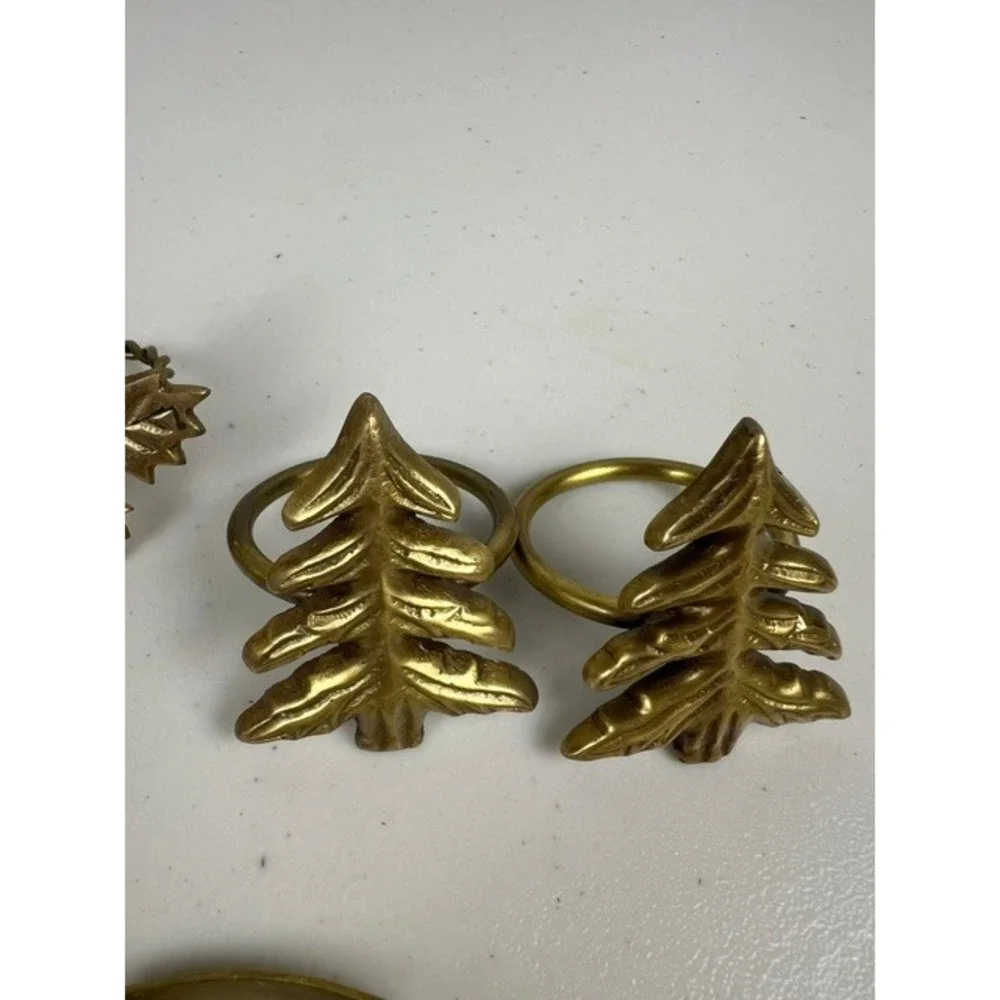 Vintage Brass Napkin Rings Set of 6 Mixed Leaves and Christmas Trees Gold Tone